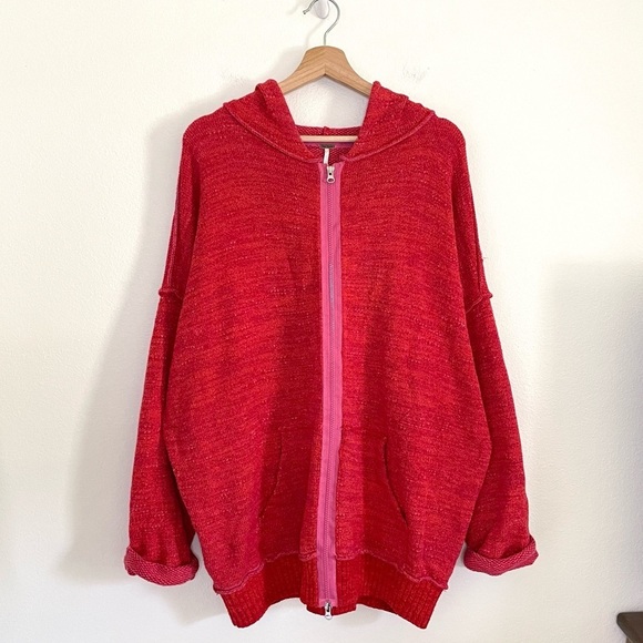 Free People In Bloom Oversized Textured Sweater Knit Zip Up Hoodie Red Hot Large - Picture 5 of 16